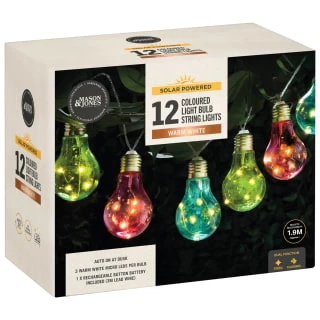 Solar Powered 12 Coloured Light Bulb String LED Lights - Warm White 4 Solar Powered 12 Coloured Light Bulb String LED Lights - Warm White - Image 2