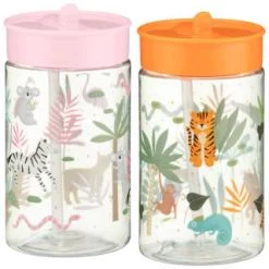 B&M Little Safari Kids Cup With Straw Lid - Pink -Magic Garden 381253 381254 kids print cup lid and straw group1