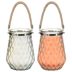B&M Large Faceted Glass Candle With Rope Handle - Cream -Magic Garden 392940 superbloom large faceted glass candle with rope handle group 2